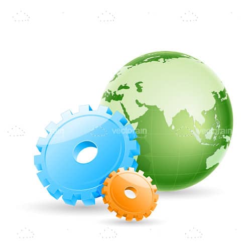 Green globe with Orange and Blue Gears